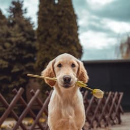 Golden retriever puppy sitting outdoors holding a yellow tulip